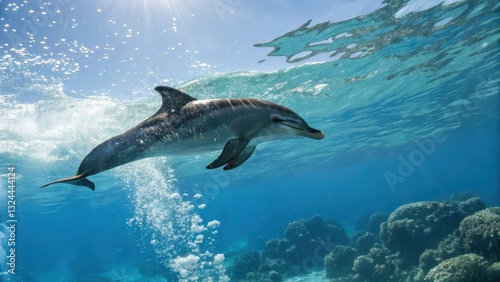 Dolphin swimming gracefully in crystal clear waters underwater environment ocean marine life tranquil viewpoint nature's beauty