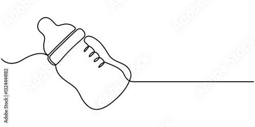 Continuous one line drawing of baby bottle pacifier. One line drawing illustration of baby pacifier. Baby care product concept continuous line art. Editable outline, Baby feeder bottle one continuous.