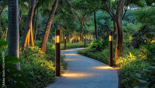 An array of modern LED bollard lights illuminating the pathway in an urban park