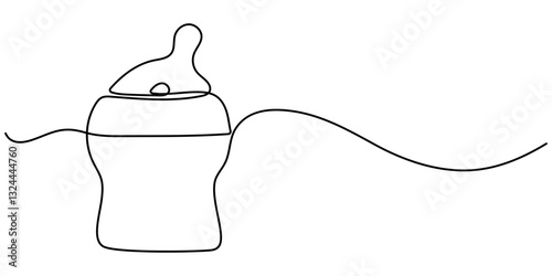 Continuous one line drawing of baby bottle pacifier. One line drawing illustration of baby pacifier. Baby care product concept continuous line art. Editable outline, Baby feeder bottle one continuous.