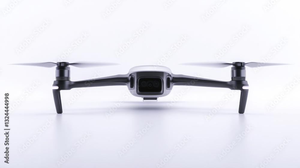 minimalist image of sleek drone on isolated white background showcasing its futuristic design and propellers positioned minimalist image of sleek drone on isolated white background showcasing its futuristic design and propellers positioned