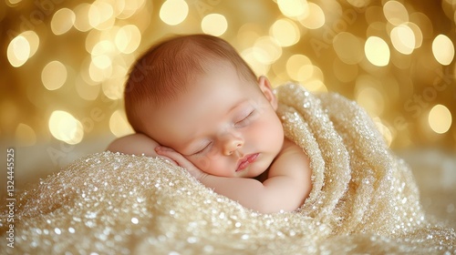 A baby is sleeping in a gold blanket. The blanket is covered in glitter. The baby is laying on a bed