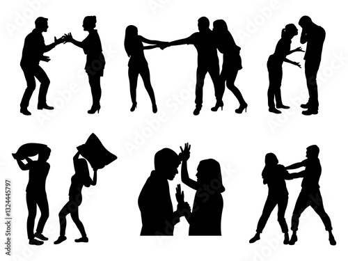Set of Couple Fighting Silhouette in various poses isolated on white background