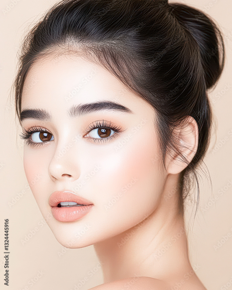 Fototapeta premium Stunning portrait of a woman with natural beauty and soft makeup.