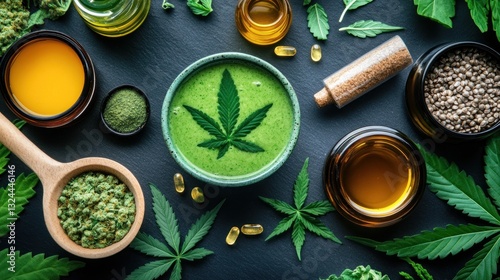 Wallpaper Mural Cannabis products oil, smoothie, seeds, leaves, and capsules. Torontodigital.ca