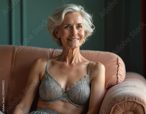 Elegant senior woman poses in grey lace lingerie on a sofa. Beautiful mature lady with wavy bob hairstyle smiles. Aged beauty concept. Intimate portrait of sensual older model indoors.