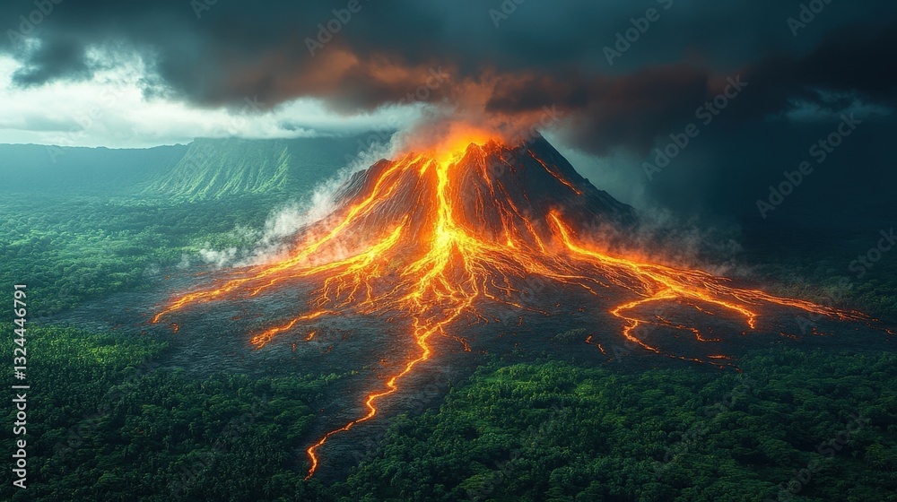 Fototapeta premium Erupting Volcano in Lush Tropical Forest