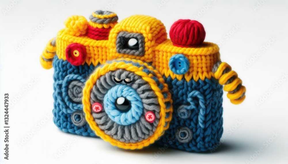 Fototapeta premium Creative yarn-crafted camera art studio handmade sculpture colorful setting close-up view