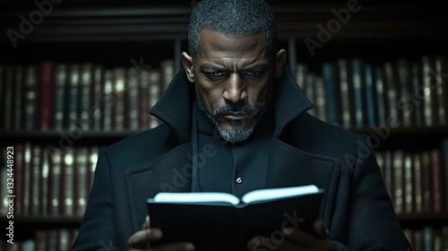 A man is reading a book in a library. He is wearing a black coat and a black shirt