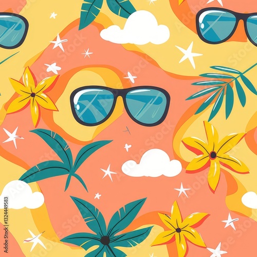 Seamless pattern with sunglasses, palm trees, stars, and clouds