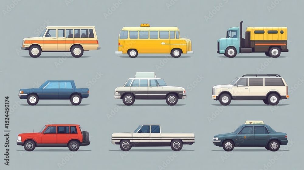 Fototapeta premium Flat cars set. Taxi and minivan, cabriolet and pickup. Bus and suv, truck. Urban, city cars and vehicles transport vector flat icons. Cabriolet and truck, car and bus, automobile pickup illustration