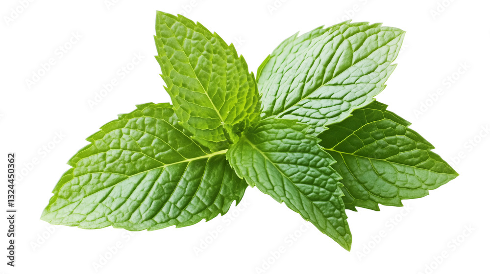 Fresh mint leaves isolated on transparent background, vibrant green herbal foliage with detailed texture Fresh mint leaves isolated on transparent background, vibrant green herbal foliage with detailed texture