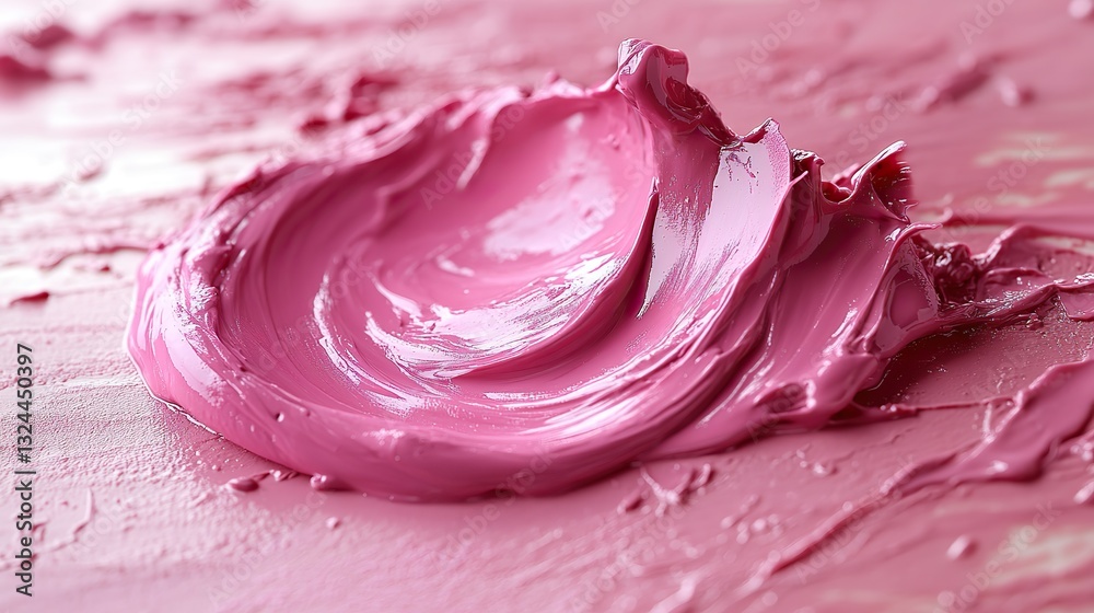 Obraz premium A pink cosmetic product smear spreads across pink in an abstract shape, highlighting its creamy texture and vibrant, glossy color.