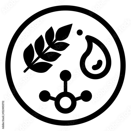icon representing plant-based fats, molecular structure and oil drop in a circular outline.