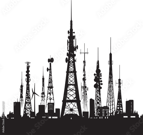 Tower radio antenna silhouettes isolated on white background