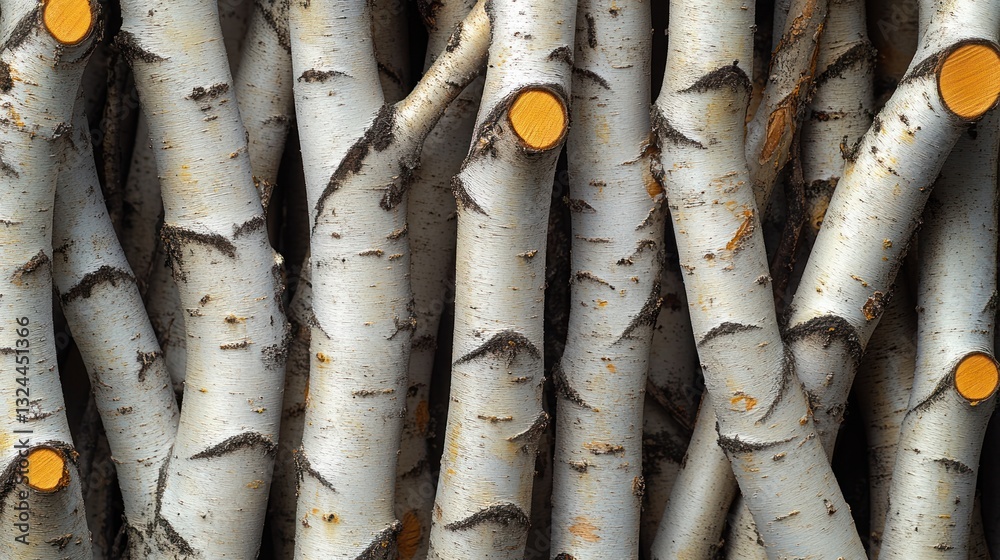 Obraz premium Close-up birch logs, bundled, outdoor, sunlight
