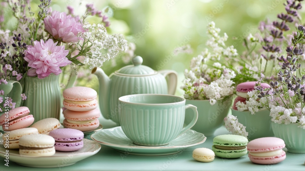 A pastel tea party scene featuring delicate teacups, macarons, and vibrant floral arrangements in soft pink, mint, and lavender tones, creating an elegant and charming atmosphere