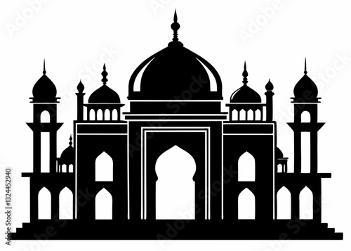 Simple black and white illustration of a mosque.