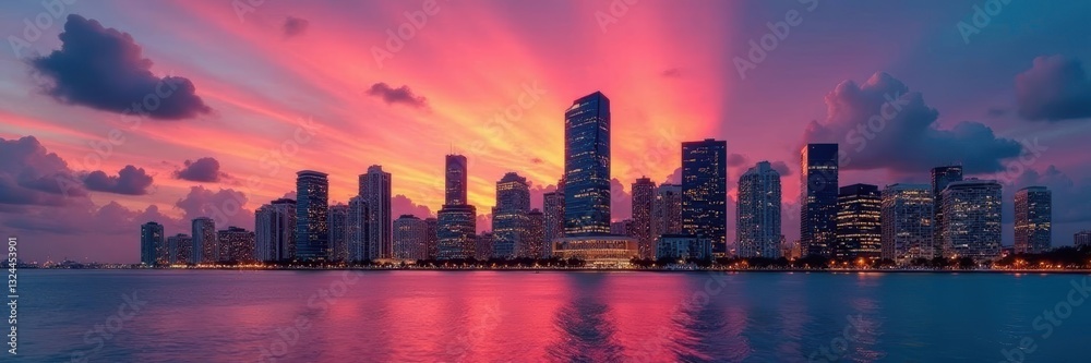 Fototapeta premium Miami's vibrant skyline at sunset, glittering skyscrapers , tropical, lights, miami
