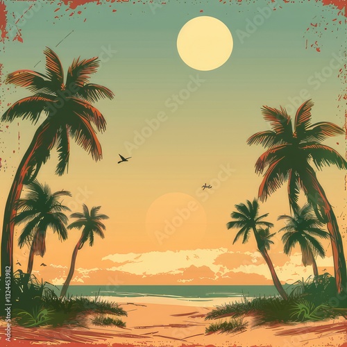 Pialm trees on a beach at sunset with vibrant colors