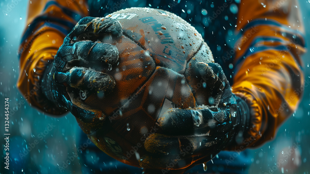 This player grips a drenched football while standing under heavy rain before a game. This player grips a drenched football while standing under heavy rain before a game.