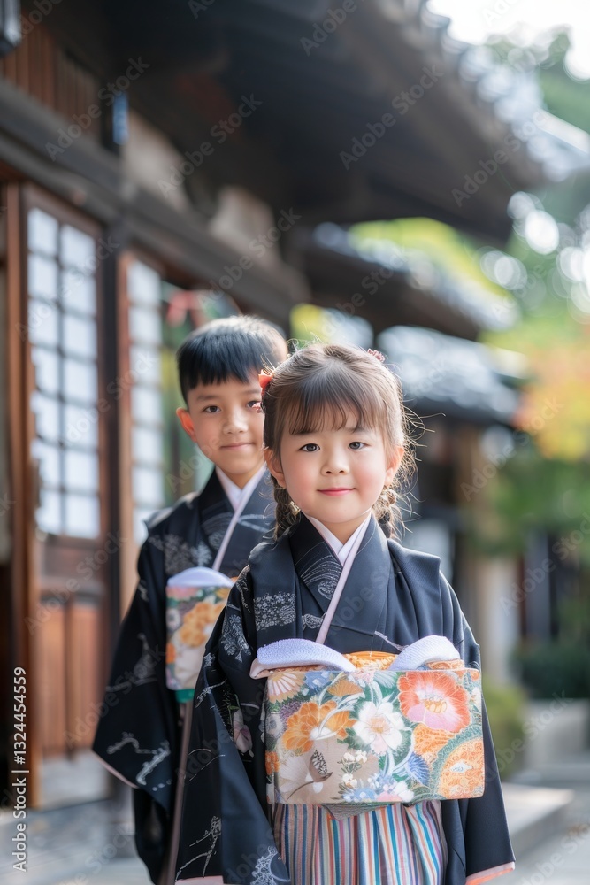 Japanese schoolchildren in traditional uniforms standing in front of a historic building Japanese schoolchildren in traditional uniforms standing in front of a historic building