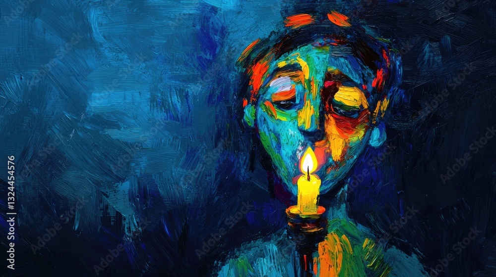 Fototapeta premium A vibrant, abstract portrait of a person holding a candle, expressing emotions through bold colors and deep shadows.