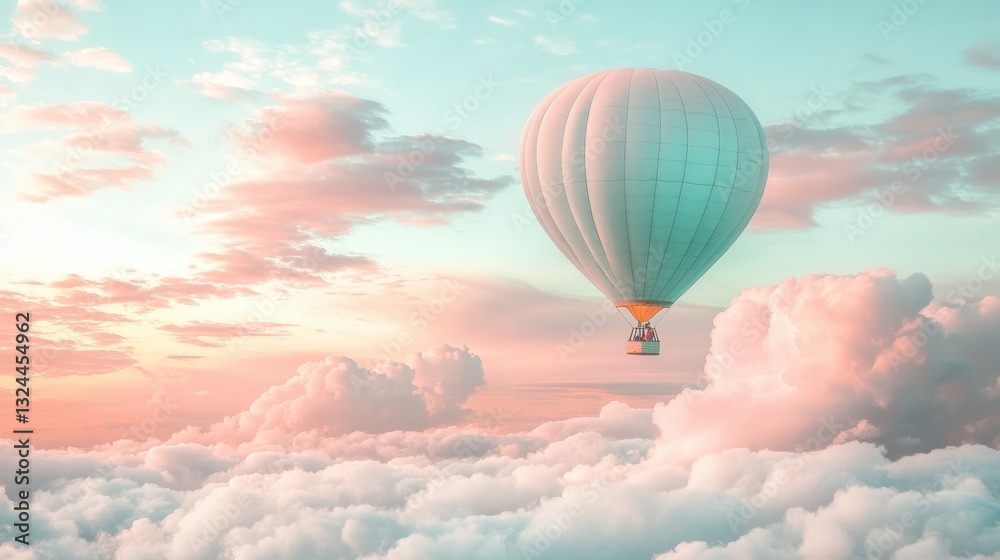 Naklejka premium A dreamy pastel hot air balloon floats gently in a serene sky filled with fluffy clouds in soft shades of pink, light blue, and yellow