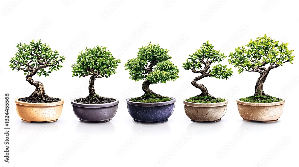 Five Bonsai Trees for Studio Shot, White Background. Five Bonsai Trees for Studio Shot, White Background.