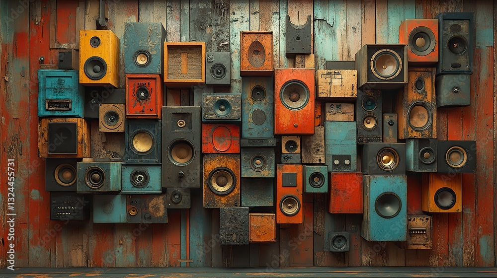 Obraz premium A visually captivating wall of diverse vintage audio speakers suggests a powerful sound system for music enthusiasts and audiophiles.