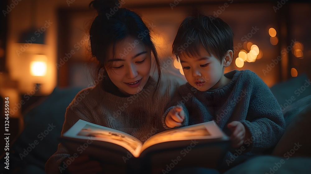 Intimate Family Reading Moment with Mother and Son sharing Illuminated Storybook in Cozy Evening Atmosphere with Warm Lighting creating Educational Bonding Experience at Home Intimate Family Reading Moment with Mother and Son sharing Illuminated Storybook in Cozy Evening Atmosphere with Warm Lighting creating Educational Bonding Experience at Home