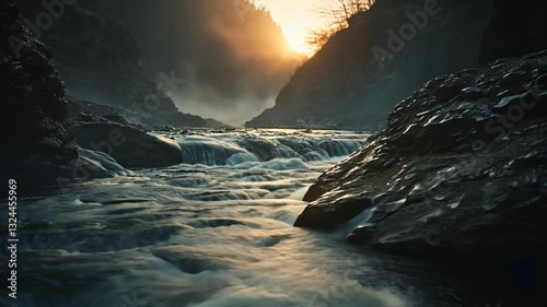 Cinematic river flows through rocky valley illuminated by golden sunlight stream landscape