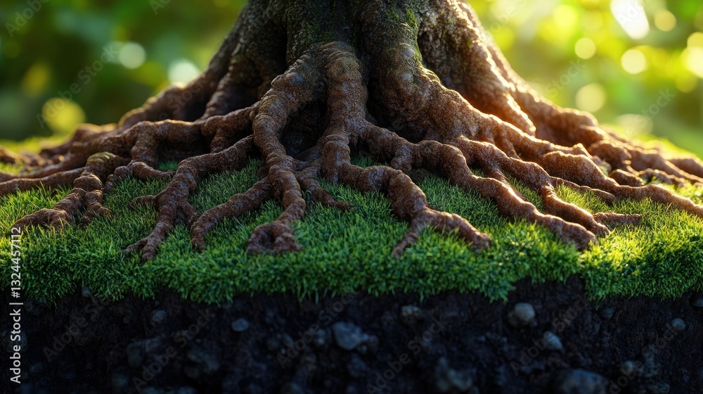Close-up tree roots in mossy soil with sunlit background. Nature's foundation