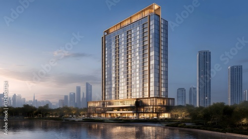 Modern hotel glass curtain wall under sunlight