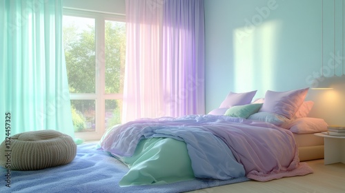 A cozy pastel bedroom features soft tones of light blue, lavender, and mint green, creating a serene sanctuary perfect for relaxation and rest