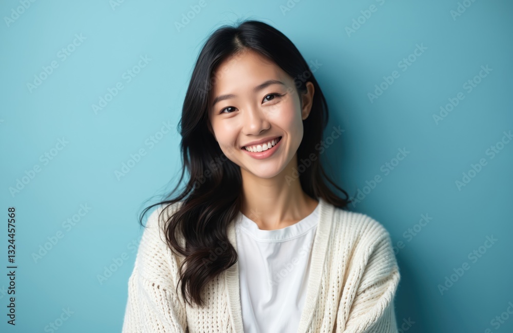 Pretty asian woman smiles pleasantly at camera with toothy smile. Long dark wavy hair. Girl wears white shirt, beige cardigan. Isolated over blue background. Studio shot. Pretty asian woman smiles pleasantly at camera with toothy smile. Long dark wavy hair. Girl wears white shirt, beige cardigan. Isolated over blue background. Studio shot.