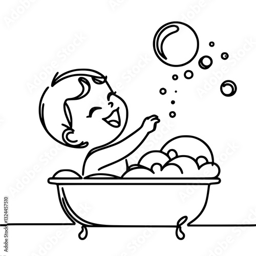 Laughing child lies in a bathtub full of foam and catches soap bubbles with his hand, fun, joy from bathing, single line vector outline drawing