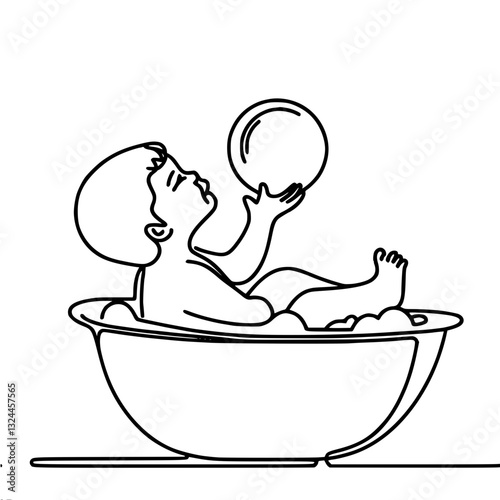 bathing child lies in bathtub, holds ball in hands, fun joy from bathing, single line vector outline drawing