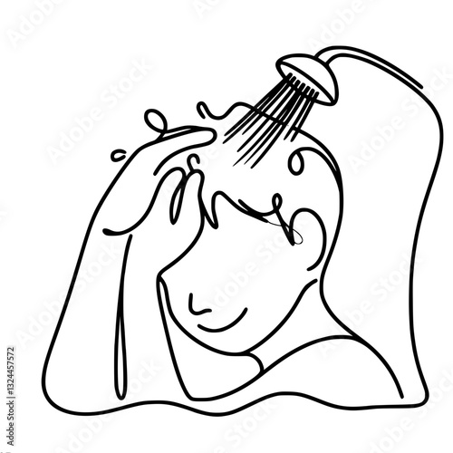 Linear outline vector drawing of a boy washing his head in the shower. Minimalism style emphasizes hygiene, self-care and relaxation.