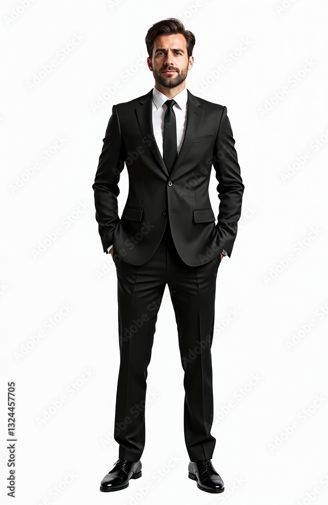 Full length of businessman in black suit standing confidently with hands in pockets, isolated on transparent PNG background. Successful young manager, handsome executive shows confident posture. Full length of businessman in black suit standing confidently with hands in pockets, isolated on transparent PNG background. Successful young manager, handsome executive shows confident posture.