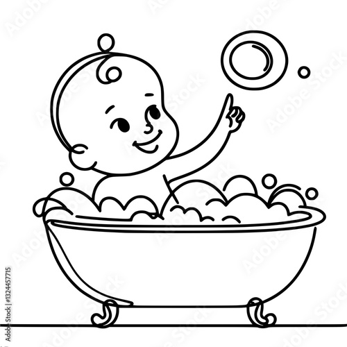 funny baby lying in a bath with foam and reaching for a soap bubble with his hand, single line vector outline drawing