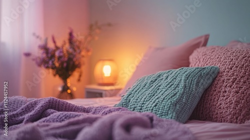 A cozy pastel bedroom adorned with soft pink, mint green, and lavender accents, featuring plush pillows and a warm blanket, creating a relaxing atmosphere