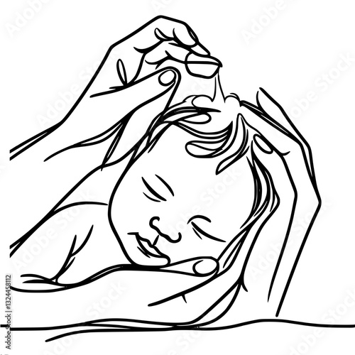 Line vector outline drawing of parents gently drying baby's head with towel. Symbolism of care, love and protection