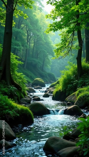 River flowing through a dense thicket of bushes and trees, greenery, undergrowth, trees