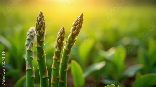 Fresh asparagus spears growing in a sunlit field with vibrant green foliage