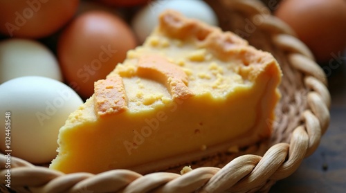 Slice of apple pie placed in a woven basket alongside fresh eggs