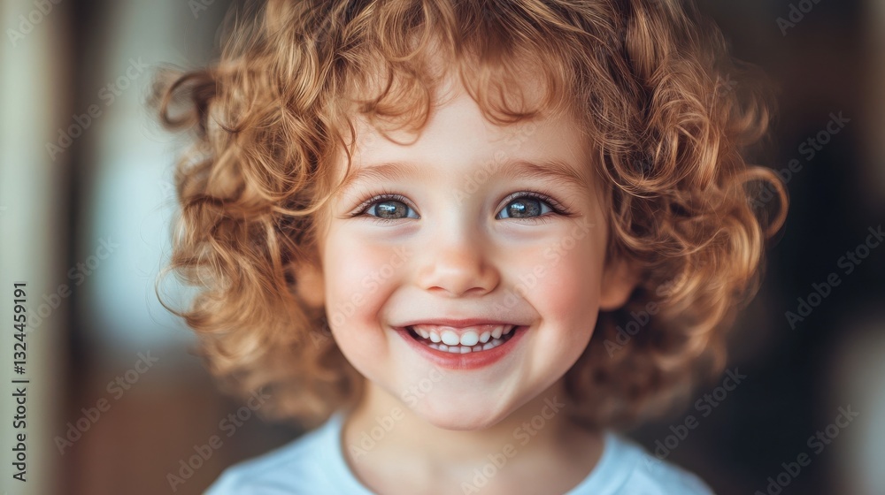 happy child with curly hair smiling indoors happy child with curly hair smiling indoors