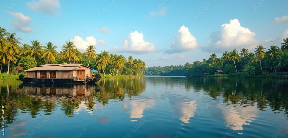 Fototapeta premium Serene Kerala backwaters with houseboat, palm trees reflected in calm water. Scenic lake view evokes tranquility. Indian travel destination, boat on still stream, waterfront with rich green plants