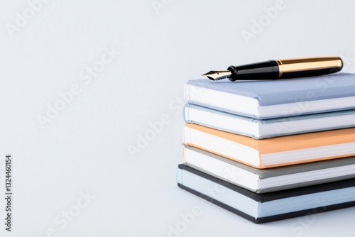 stack of colorful notebooks with fountain pen resting on top positioned centrally on plain white background