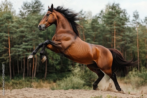 A beautiful buckskin horse rearing, mane flowing, in a natural prairie setting during summer